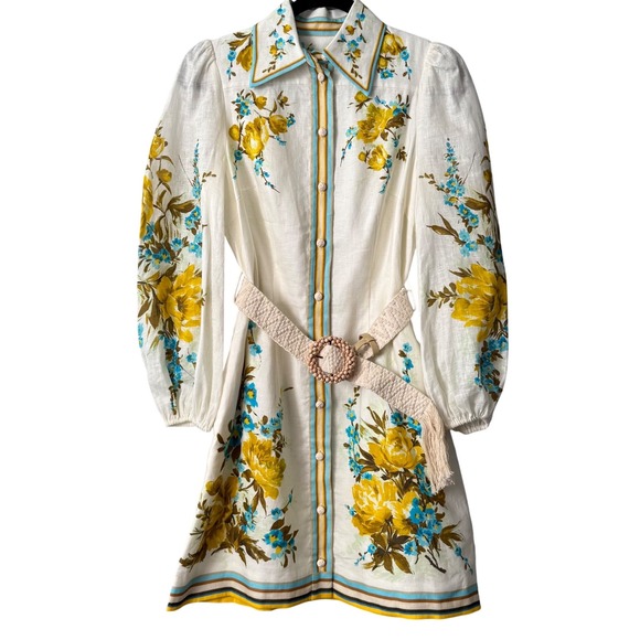 Zimmermann Halcyon Linen Shirt Dress Blue Yellow Floral Belted Size 0 US Size 4 - Picture 9 of 11